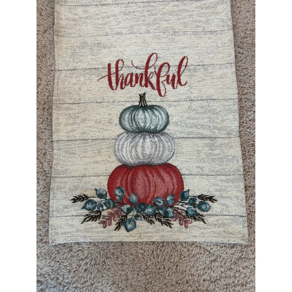 Big Lots Thankful Pumpkin Woven Tapestry Table Runner 13x70 Fall Thanksgiving